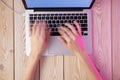 Image of womanÃ¢â¬â¢s hands typing fast on laptop keyboard. View from above. Remote work concept image Royalty Free Stock Photo